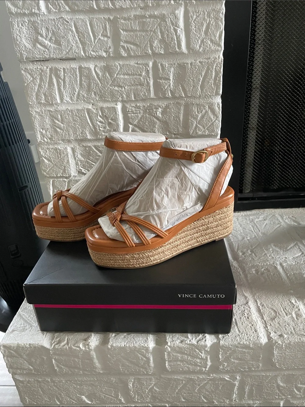 Vince Camuto Cognac Leather Knot-Front Platform Espadrilles